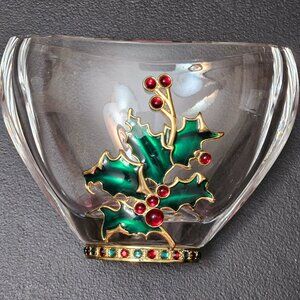 Teleflora Christmas 24% Lead Crystal Enameled Holly Berry Jeweled Vase/Bowl